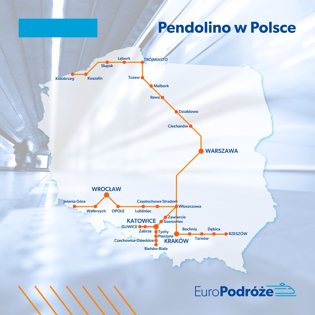 Mapa z trasami Pendolino