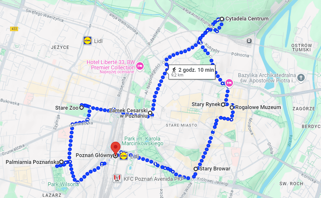 mapa z trasą zwiedzania Poznania 