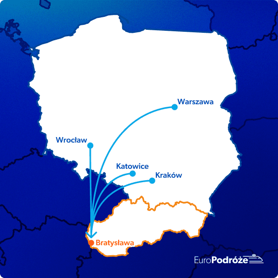 grafika: mapka z zaznaczonymi trasami kolejowymi z Polski do Bratysławy