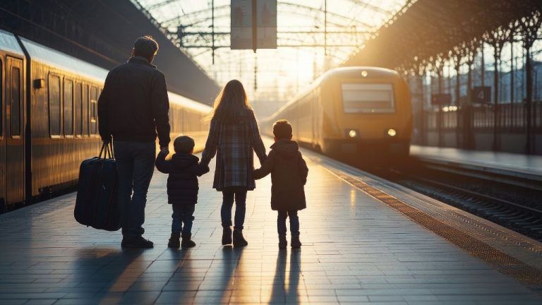 rodzina z dziećmi na dworcu
