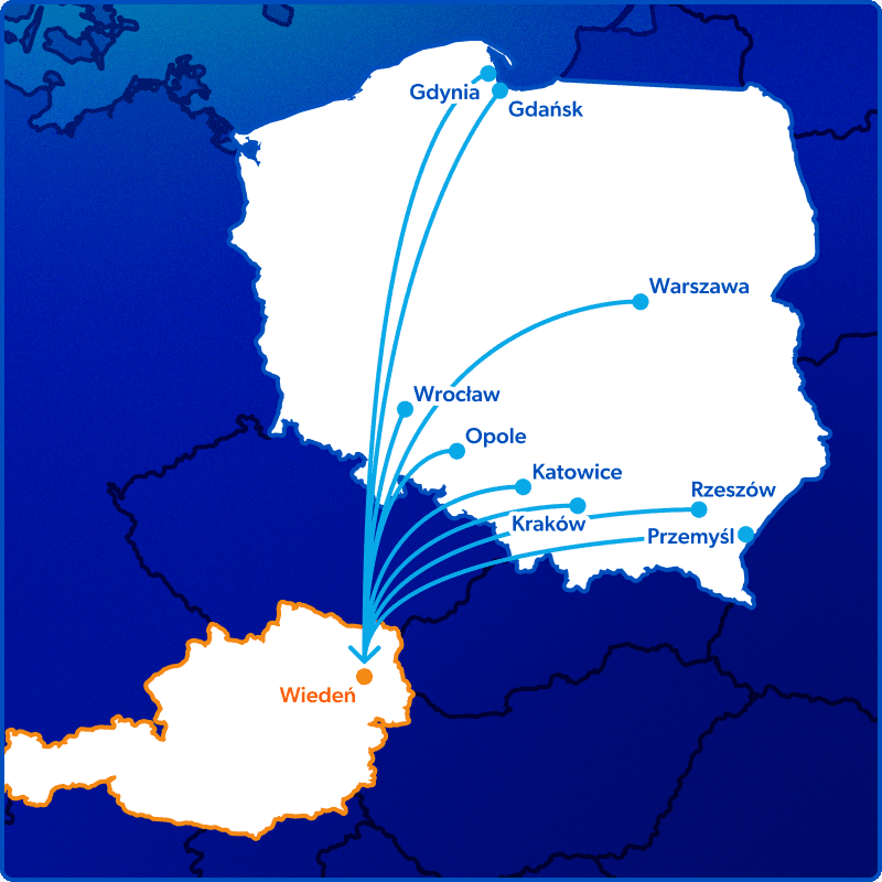 grafika: mapka z zaznaczonymi trasami kolejowymi z Polski do Wiednia