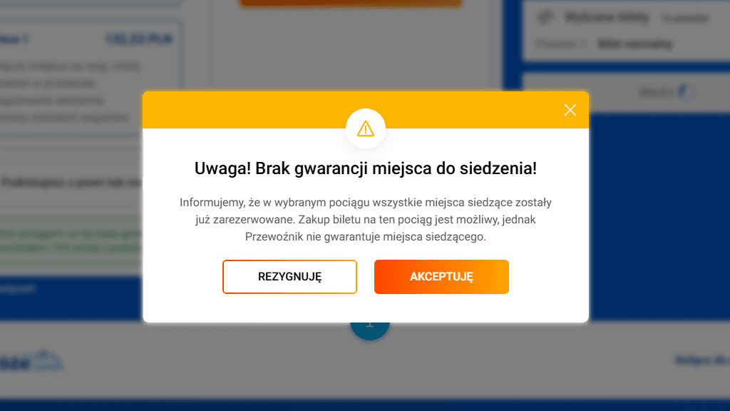 wygląd modułu informującego o braku gwarancji miejsca 