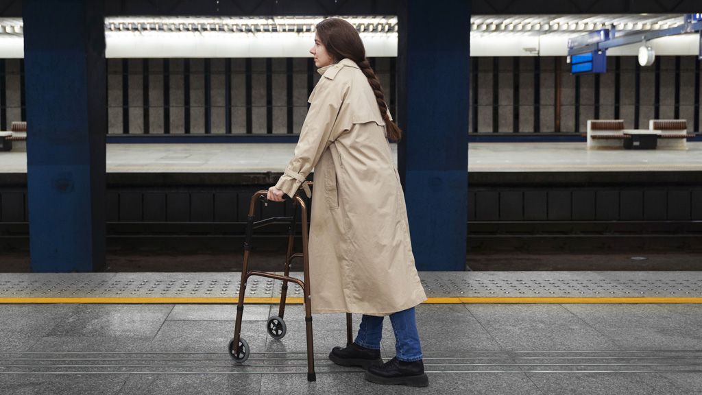 Kobieta o ograniczonej mobilności na peronie