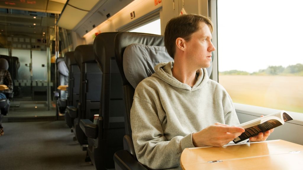 Mężczyzna siedzący w pociągu z książką
