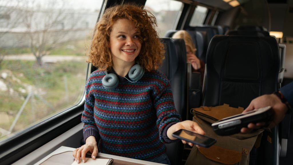 Kobieta kupująca bilet w pociągu u konduktora